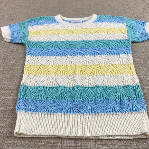 Vintage Lightweight Geometric Knit Striped Yellow Blue Shirt Sleeve Sweater Sz M - Picture 3 of 8